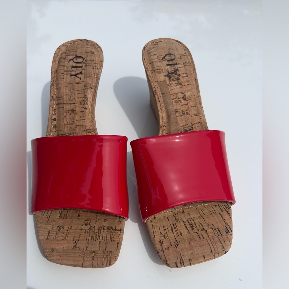 Glossy Red Patent Cork Wedge Slide - Women - Picture 3 of 8